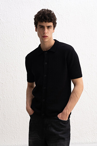 GIESTO ТРИКОЧНАЯ РУБАШКА ЧЕРНАЯ С ПАЛЬМОВЫМ УЗОРОМ