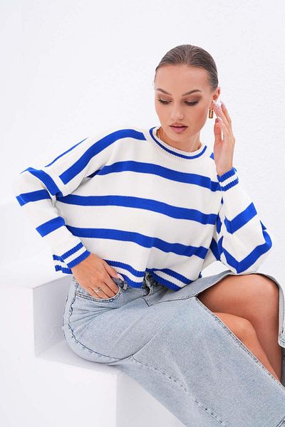 ŞİMAL Striped Crew Neck Women's Knitwear Sweater - Loose ShortModel245176
