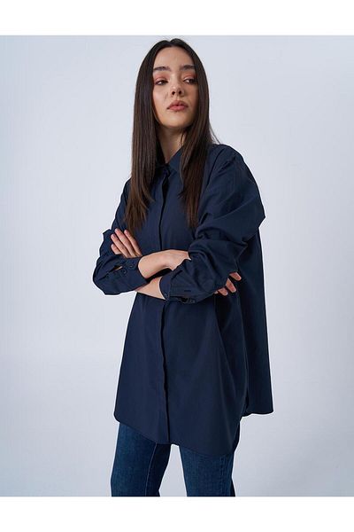 Kayra Shirt Collar Basic Poplin Tunic Navy Blue
