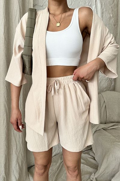 Know Set de cămașă kimono bej pentru femei, pantaloni scurți pentru partea de jos