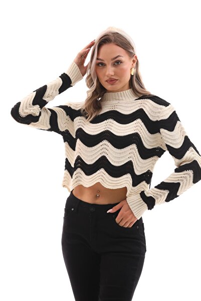 ŞİMAL Короткий светр з коміром-стійкою і зигзагоподібним візерунком - 245027