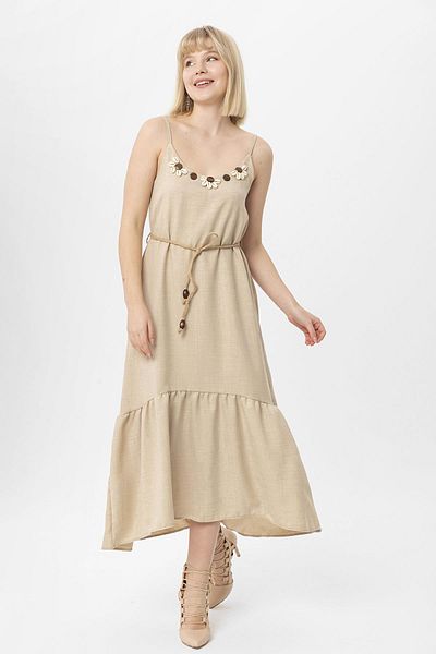 ŞİMAL Rochie lungă de damă cu guler cu broderie florală și curea de frânghie 250295   -