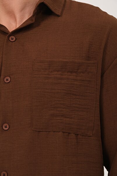 Domoda Ανδρικό πουκάμισο με μονό τσέπη, καφέ λινό, με υφή, χαλαρή εφαρμογή @teramo