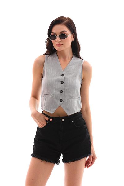 ŞİMAL Striped Women's Vest - Fabric with Button Detail