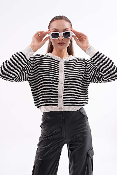 ŞİMAL Women's Stripe Patterned Metal Buttoned Knitwear Knitted Cardigan 255210 -