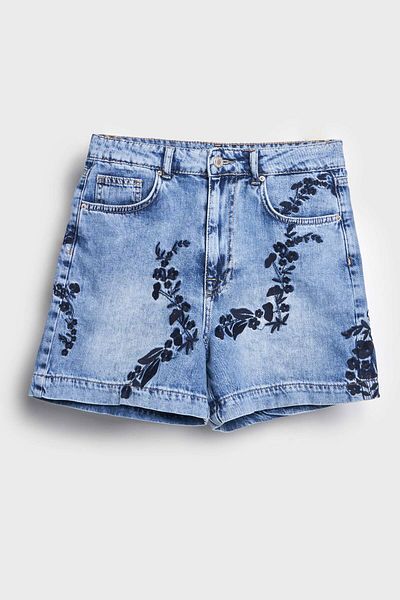 its basic Blugi de damă Culoare 4S5-27 Blue Flower Broderie Mom Fit 100% Koton Denim Shorts