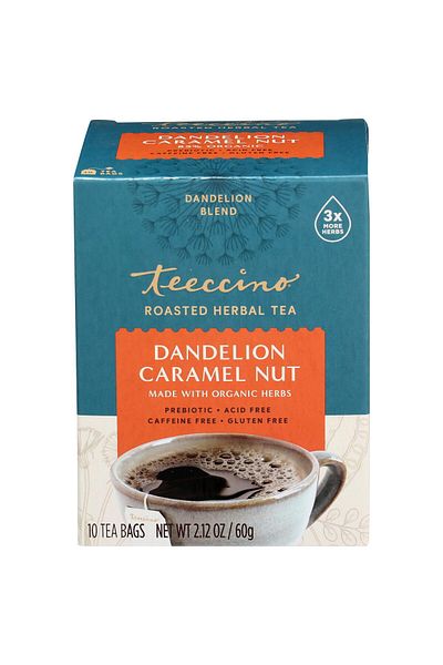 Teeccino Dandelion Caramel Nut Tea - Caffeine Free, Roasted Herbal Tea with Prebiotics, Gluten Free - 10 Bags