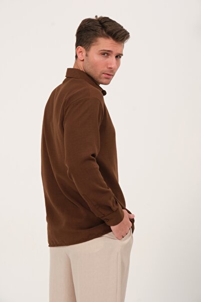 Domoda Ανδρικό πουκάμισο με μονό τσέπη, καφέ λινό, με υφή, χαλαρή εφαρμογή @teramo