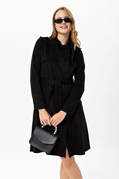 ŞİMAL Kadın Kuşak Detaylı Süet Kaban 255382 -