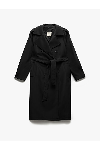 Koton Cepli Uzun Kollu Kemerli Kruvaze Uzun Gabardin Trençkot
