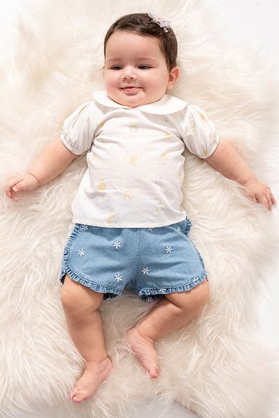 Cassiope Floral Embroidered Denim Shorts and Collared Blouse Casual Eid Top and Bottom 2-Piece Summer Baby Girl Set
