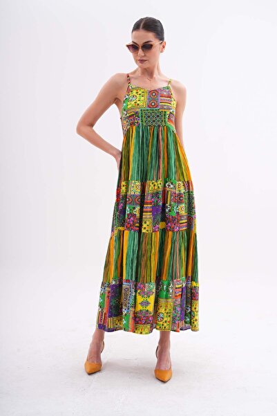 ŞİMAL Kadın Etnik Desenli Ip Askılı Uzun Elbise 250215 -