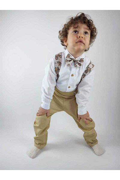 GAMZEAKKUŞ Long Sleeved Shirt, Salopet Strap Pants, Bow Tie 3Pcs Suit for Boys