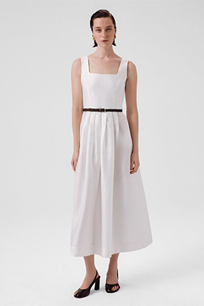 Triko Mısırlı Ekru Kare Yaka Kemer Detaylı Uzun Elbise