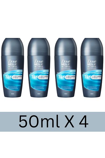 Dove Men +Care Advanced Antiperspirant Roll-On, Clean Comfort, Moisturizer, 72H Protection, 50ml x4
