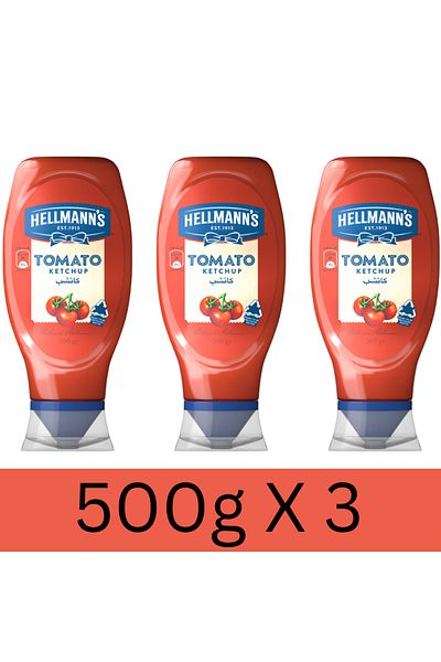 Hellmann's Tomato Ketchup, Classic Flavour, 100% Recycled Plastic Bottle, 500g x3