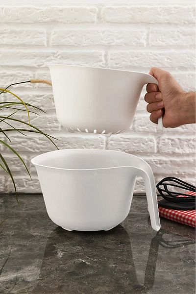 ECB Home 2 Piece Strainer Set with Handles Multipurpose Pasta Fruit Vegetable Rice Washing Strainer Beige White