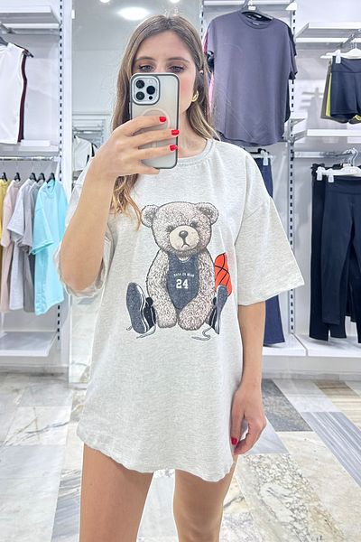 CİDDE Women's Oversize Cotton Basket Teddy Bear Patterned T-Shirt