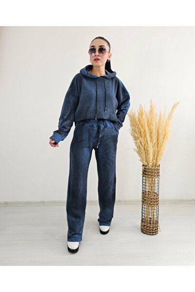 6 butik altı üstü butik 3 İplik Şardonsuz Yıkamalı Kapüşonlu Pistole Taşlı Eşofman Takımı