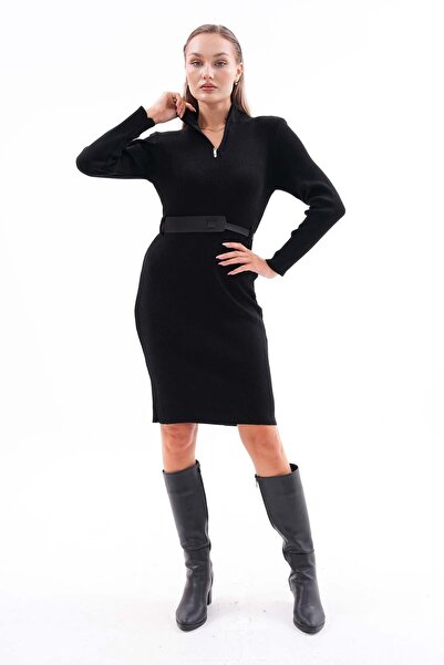 ŞİMAL Kadın Yakası Fermuar Detaylı Kemerli Triko Örme Uzun Elbise 255017 -