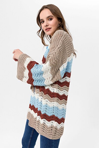 ŞİMAL Kadın Desenli Geniş Uzun Kol V Yaka Delikli Triko Hırka 255200 -