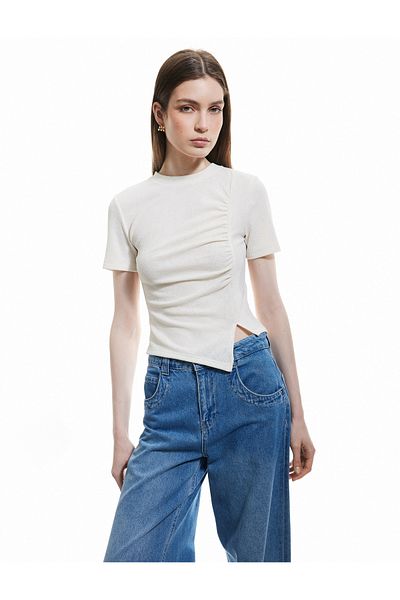 Koton Asymmetrical Drape Detailed Short Sleeve Crew Neck T-Shirt