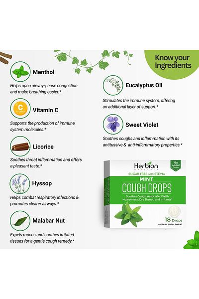 Herbion Naturals Sugar-Free Mint Cough Drops with Stevia, Soothes Cough, for Adults & Kids 6+, 18 Drops
