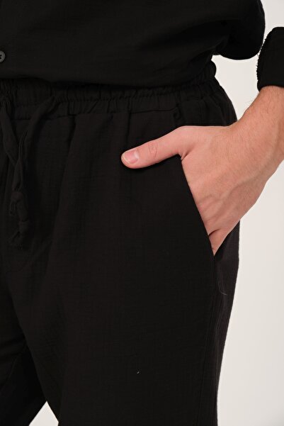 Domoda Black 100% Cotton Muslin Fabric Relaxed Cut Elastic Waist Front Double Pocket Summer Men's Trousers @Acerra