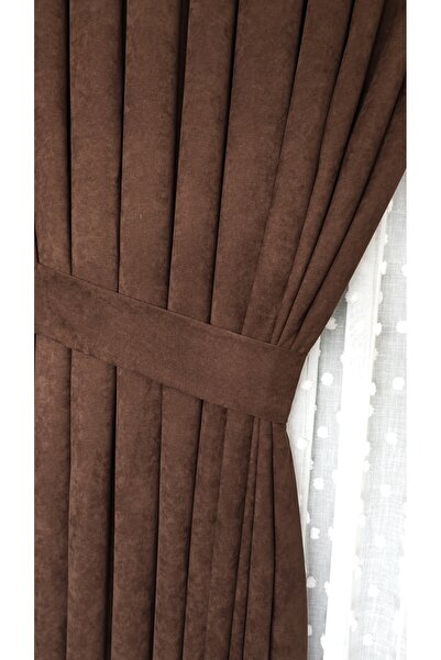 Yuka Double Wing Dark Brown Velvet Textured 1/3 Dense Pleated Solid Color Background Curtain Heavy Weight