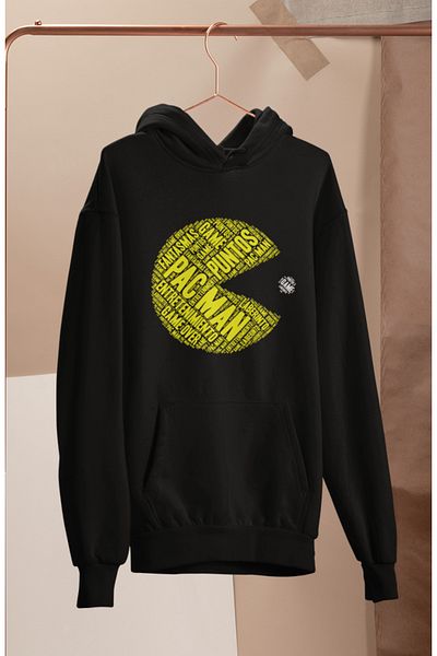 Fuddy Moda Hanorac cu glugă cu imprimeu caligrafic Pac-Man, hanorac supradimensionat unisex cu glugă cu imprimeu Pac-Man