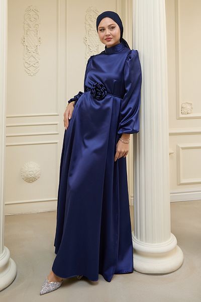 InStyle Φόρεμα Rose Detail Navy Blue Satin