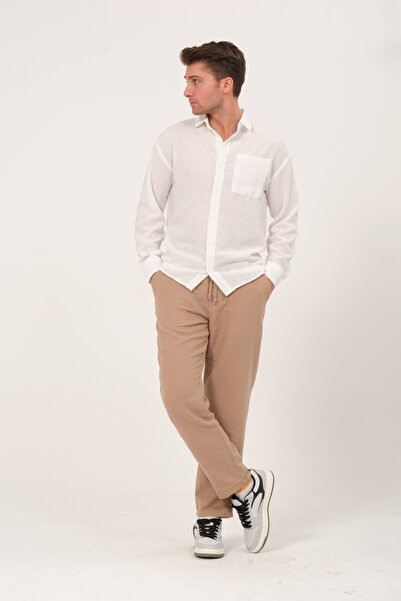 Domoda Μπεζ 100% βαμβακερό ύφασμα μουσελίνας χαλαρή εφαρμογή με ελαστική μέση μπροστά με διπλή τσέπη καλοκαιρινό ανδρικό παντελόνι @acerra