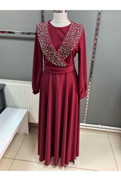 Tesettür kadın bordo abiye