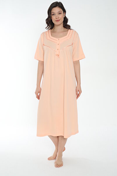 MİSS LOLİTA Kadın %100 Pamuklu Kısa Kollu Midi Boy Gecelik / Somon - 533