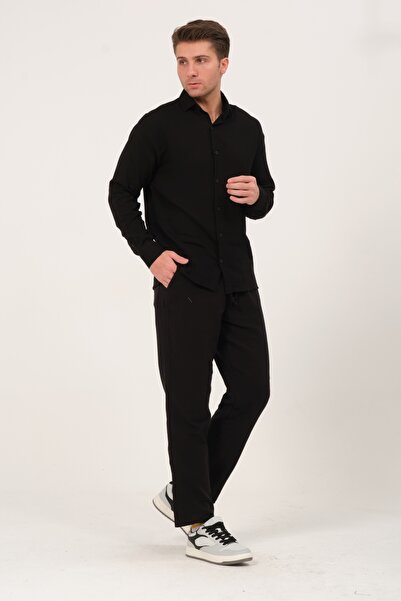 Domoda Black 100% Cotton Muslin Fabric Relaxed Cut Elastic Waist Front Double Pocket Summer Men's Trousers @Acerra