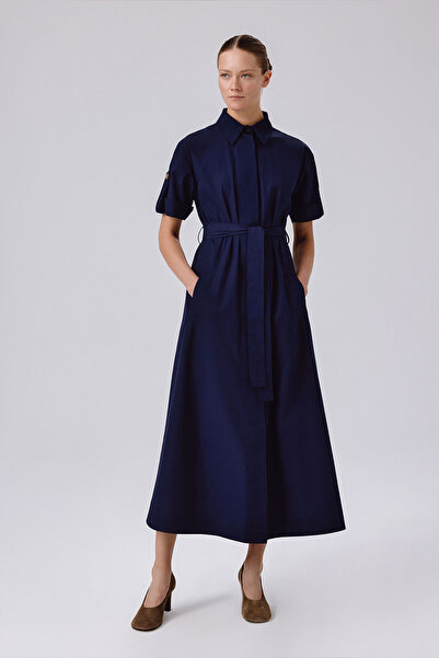 Triko Mısırlı Lacivert Gömlek Yaka Kısa Kollu Uzun Elbise