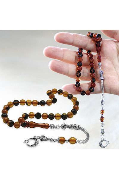 Tesbihane Non-Tarnish Metal Crescent Star Tasseled Globe Cut Yellow-Black Fire Amber Prayer Beads