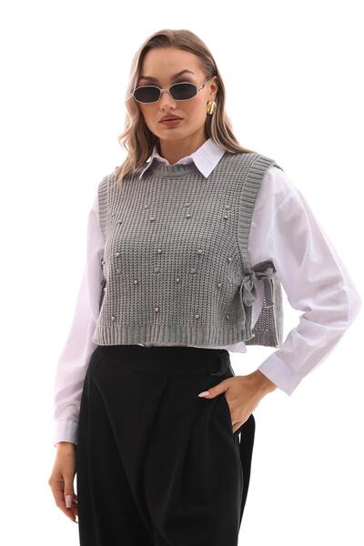 ŞİMAL Трикотажний жіночий светр з боковою деталлю та перловою фурнітурою 245030