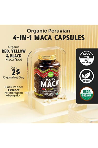 Maju Superfoods 4-in-1 Maca Root Capsules, Organic Black, Yellow, Red Roots, Black Pepper (120 ct) | 60,000 mg