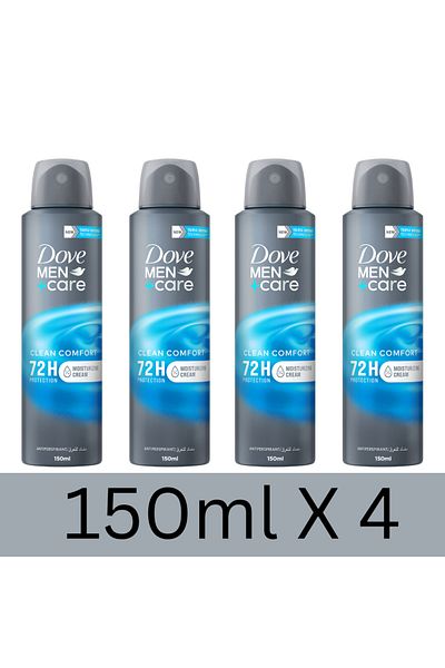 Dove Men+Care Antiperspirant Deodorant Body Spray, Clean Comfort, 72H Protection, 150ml x4