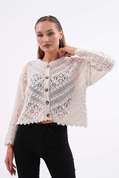 ŞİMAL Kadın Ponpon Desenli Düğmeli Triko Örme Hırka 255216 -