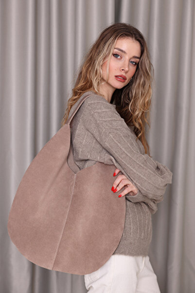 LUTVELIZADE Çanta 2344 - Süet Dikiş Detaylı Vizon Kadın Çanta