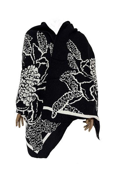 BRV Tekstil Floral Patterned Black and White Winter and Seasonal Knitwear Shoulder Shawl Scarf