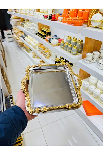 EVRA 6 Lı Döküm Ayaklı Tek Kişilik Gold-Gümüş Kahve Çay Sunum Tepsisi