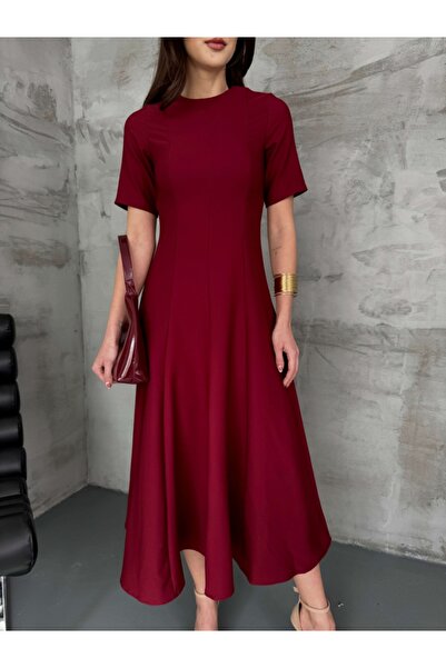 Elif Özbey Butik Bordo Maxi Boy Volanlı Elbise