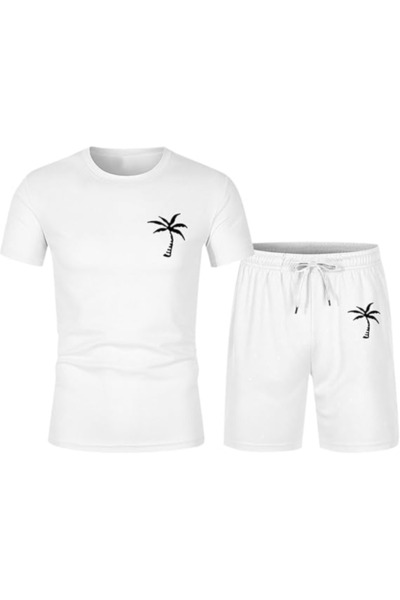 aynewmoda Shorts Set, Men's Premium Shorts with Pockets, Round Neck, Coconut Tree Graphics