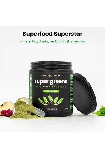 NutraChamps Super Greens Powder | 20+ Organic Veggies | Wheat Grass, Spirulina, Chlorella | 9.0 Oz
