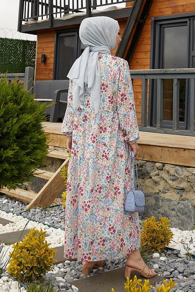 ModaAyşeli Beige Mini Floral Print Dress Ay263