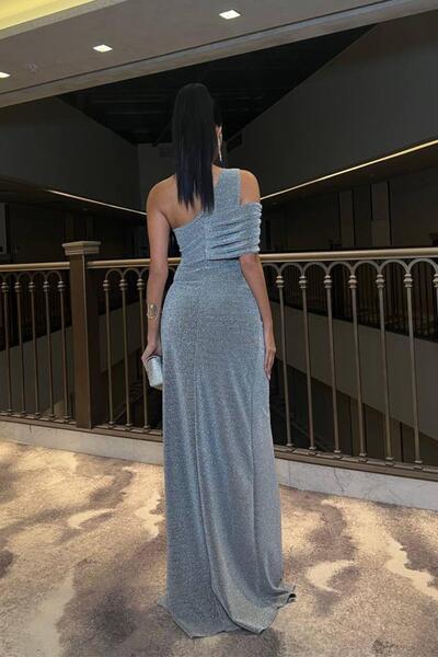 Mossta One Sleeve Detailed Slit Glitter Evening Dress Gray