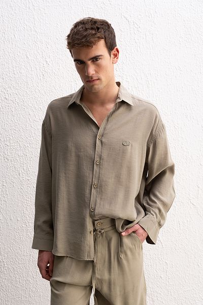 GIESTO Draped Long Sleeve Khaki Shirt
